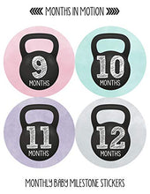 Load image into Gallery viewer, Months In Motion Baby Monthly Milestone Stickers - First Year Set of Baby Girl Month Stickers for Photo Keepsakes - Shower Gift - Workout Kettebell Gym Crossfit
