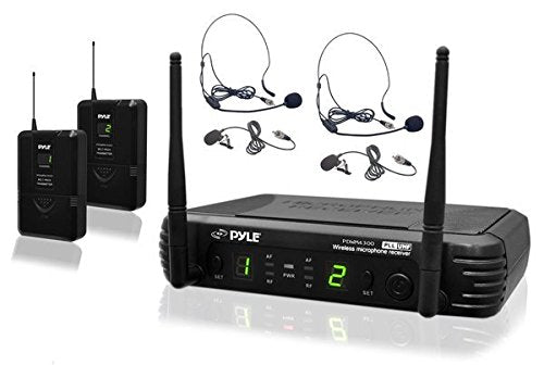 Pyle 2 Channel Wireless Microphone System   Portable Uhf Digital Audio Mic Set With 2 Headset, 2 Lav