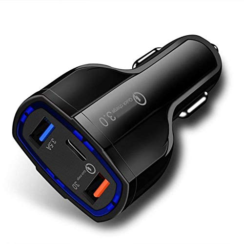 48W 3-Port [One Type-C Port] Adaptive Fast USB DC Car Charger Quick Charge Smart Detect Port Compact [Black] Compatible with LG Q6 - LG Q7 Plus - LG Stylo 2 - LG Stylo 2 Plus - LG Stylo 2 V