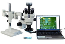 Load image into Gallery viewer, OMAX 2X-90X Digital Zoom Trinocular Dual-Bar Boom Stand Stereo Microscope with 9.0MP USB Camera and 144 LED Ring Light with Light Control Box
