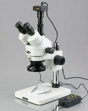 Load image into Gallery viewer, AmScope SM-1TSZ-144A-3M Digital Professional Trinocular Stereo Zoom Microscope, WH10x Eyepieces, 3.5X-90X Magnification, 0.7X-4.5X Zoom Objective, Four-Zone LED Ring Light, Pillar Stand, 110V-240V, In
