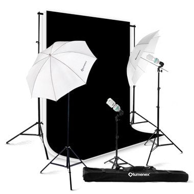 Lumenex Studio 600 Watt Photography Lighting Light Kit + 10' x 10' 100% Cotton Black Muslin Backdrop Background + 10' x 10' 100% Cotton White Muslin Backdrop Background Photo Portrait Studio 32
