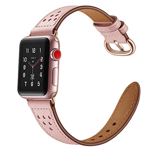 Mtozon Band Compatible with Apple Watch Band 41mm/40mm/38mm Series 7/6/5/4/3/2/1, Classic Genuine Leather Wristband Replacement Strap Women Pink