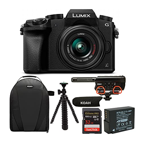 Panasonic LUMIX G7 Digital Camera with 14-42mm f/3.5-5.6 Lens and Koah Microphone Accessory Bundle (6 Items)