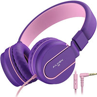 AILIHEN I35 Kid Headphones with Microphone Volume Limited 85dB Children Girls Boys Teen Lightweight Foldable Wired Headset for School Online Course Chromebook Cellphones Tablets (Pink Purple)
