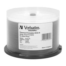 Load image into Gallery viewer, Verbatim DVD-R 4.7GB 8X DataLifePlus White Thermal Printable, Hub Printable - 50pk Spindle - Thermal Printable
