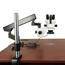 Load image into Gallery viewer, OMAX 3.5X-90X Zoom Articulating Arm Trinocular Stereo Microscope with Vertical Post and 144 LED Ring Light with Light Control Box
