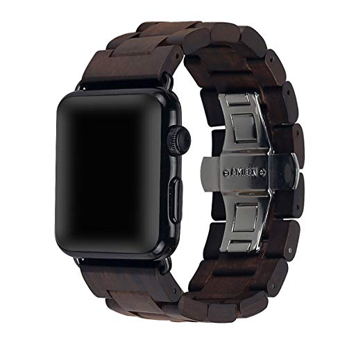 Wooden Watch Strap Band 42mm/44mm/45mm with Stainless Steel Butterfly Buckle Compatible for iWatch Series 1 2 3 4 5 6 7(Brown)