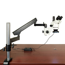 Load image into Gallery viewer, OMAX 3.5X-90X Zoom Articulating Arm Trinocular Stereo Microscope with Vertical Post and 144 LED Ring Light with Light Control Box
