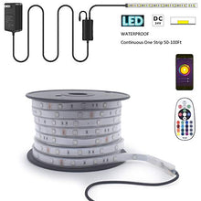 Load image into Gallery viewer, 50Ft Long Run 24 Volts Waterproof LED RGB Lights Strip, Bluetooth Smart App Controller Rooftop Ceiling Colors Changing Light Bar, Outdoor Patio Railing Deck LED Rope Light (Super Bright 1800mcd LEDs)
