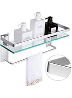 Vdomus Tempered Glass Bathroom Shelf with Towel Bar Wall Mounted Shower storage15.2 by 4.5 inches, Brushed Silver Finish (1 Tier Glass Shelf)