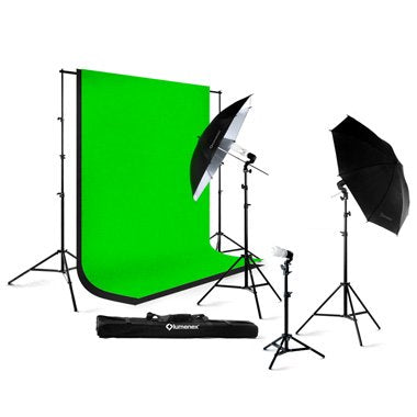 Lumenex Studio 420 Watt Photography Lighting Light Kit + 10' x 10' 100% Cotton Black Muslin Backdrop Background + 10' x 10' 100% Cotton Green Chroma Key Muslin Backdrop Background Photo Portrait Studi