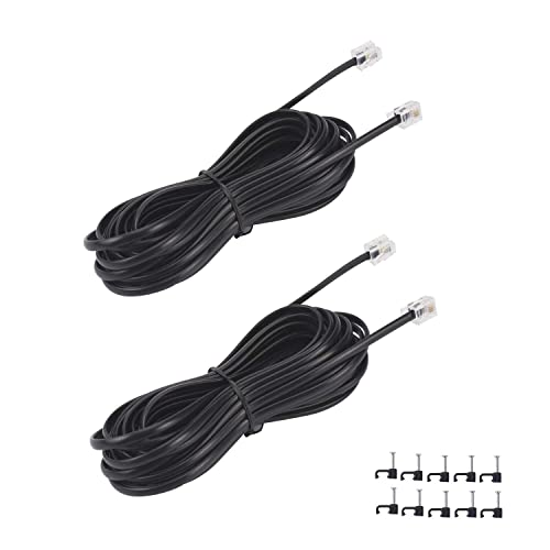 25FT Telephone Extension Cord Cable, Landline Phone Line Wire with RJ11 6P4C Plugs, Includes Cable Clips - Black - 2 Pack