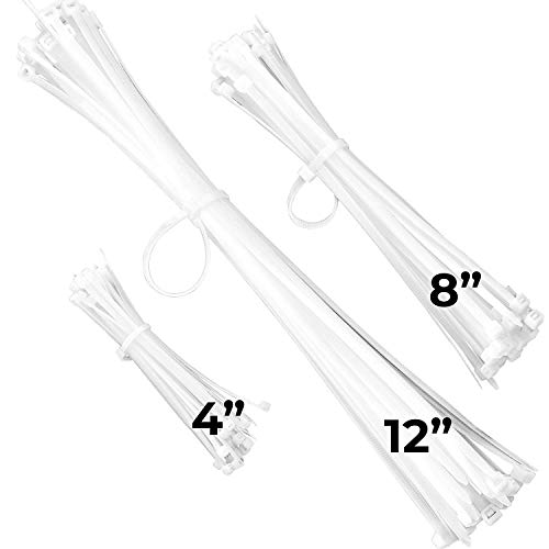 Pro-Grade, White Zip Ties Multisize Set of 150. High-Strength Cable Tie Pack Has 50x 4 8 12 inch UV-Resistant Nylon Fasteners. Durable Wraps For Storage, Organization and Wire Management