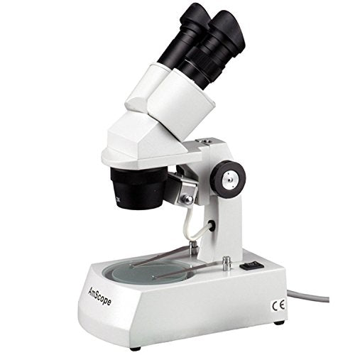 AmScope SE306-AX Binocular Stereo Microscope, WF5x and WF10x Eyepieces, 10X/20X/40X Magnification, 2X and 4X Objectives, Upper and Lower Halogen Lighting, Reversible Black/White Stage Plate, Arm Stand