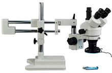 Load image into Gallery viewer, OMAX 3.5X-90X Zoom Trinocular Dual-Bar Boom Stand Stereo Microscope with 144 LED Ring Light with Light Control Box
