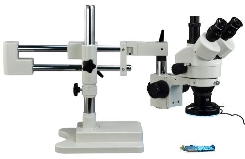 OMAX 3.5X-90X Zoom Trinocular Dual-Bar Boom Stand Stereo Microscope with 144 LED Ring Light with Light Control Box