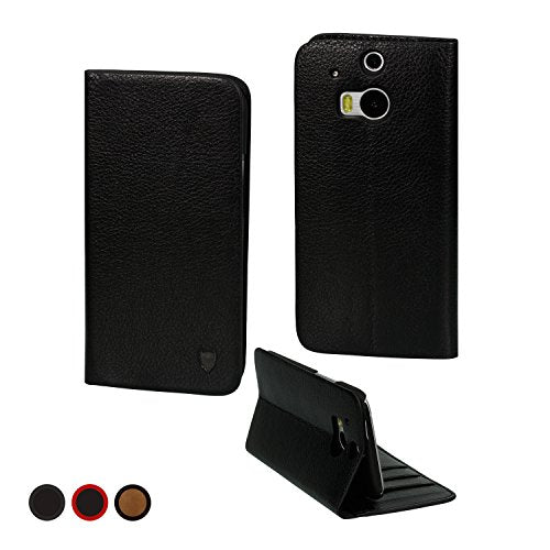 MediaDevil HTC One M8 (2014) Leather Case (Black) - Artisancover Genuine European Leather Notebook/Wallet Case with Integrated Stand and Card Holders