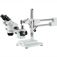 AmScope SM-4BY Professional Binocular Stereo Zoom Microscope, WH10x Eyepieces, 7X-90X Magnification, 0.7X-4.5X Zoom Objective, Ambient Lighting, Double-Arm Boom Stand, Includes 2.0x Barlow Lens