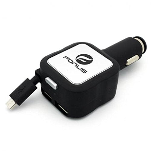 Retractable 4.8Amp Car Rapid DC Charger Dual USB Port Power Adapter MicroUSB Black for LG Stylo 3 Plus - LG Tribute 2 - LG Tribute Dynasty - LG Tribute HD - LG V10