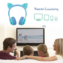 Load image into Gallery viewer, Kids Headphones, Riwbox CT-7S Cat Ear Bluetooth Headphones 85dB Volume Limiting,LED Light Up Kids Wireless Headphones Over Ear with Microphone for Laptop/PC/TV(Blue&amp;Green)
