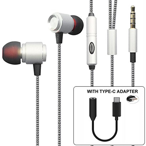 Hi-Fi Sound Hands-Free Headset with Mic Earphones Type-C Audio Adapter Headphones Jack Metal Earbuds [Silver] Compatible with Motorola Moto Z3