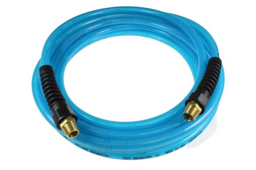 Coilhose Pneumatics PFE61004T Flexeel Reinforced Polyurethane Air Hose, 3/8-Inch ID, 100-Foot Length with (2) 1/4-Inch MPT Reusable Strain Relief Fittings, Transparent Blue
