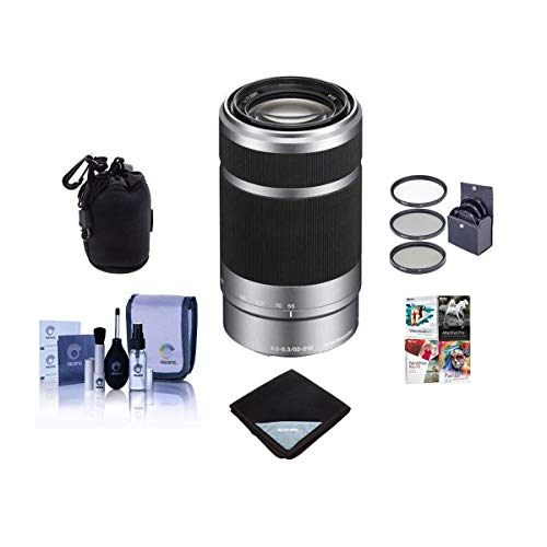 Sony E 55-210mm f/4.5-6.3 OSS E-Mount Lens, Silver/Black - Bundle with 49mm Filter Kit (UV/CPL/ND2) - Soft Lens Case - Lens Wrap (15x15) - Cleaning Kit - PC Software Package