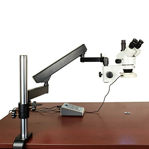OMAX 7X-45X Zoom Trinocular Articulating Arm Stereo Microscope with Verticle Post and 80 LED Ring Light (8-Section Quadrant 5-Mode Ring Light with Variable Intensity)