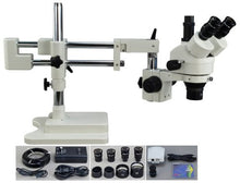 Load image into Gallery viewer, OMAX 2X-90X Digital Zoom Trinocular Dual-Bar Boom Stand Stereo Microscope with 9.0MP USB Camera and 144 LED Ring Light with Light Control Box
