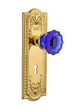 Load image into Gallery viewer, Nostalgic Warehouse 725560 Meadows Plate with Keyhole Privacy Crystal Cobalt Glass Door Knob in Polished Brass, 2.75
