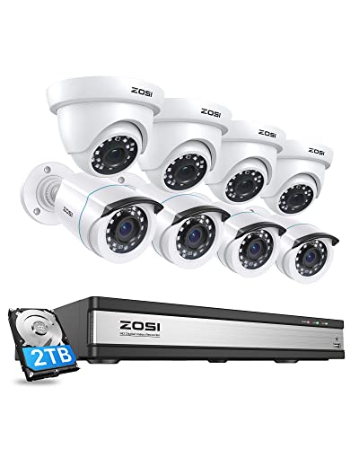 ZOSI Full 1080p 16 Channel Home Security Camera System, H.265+ 16 Channel DVR with Hard Drive 2TB and 8 x 1080p Weatherproof CCTV Bullet Dome Camera Outdoor Indoor,Night Vision, Motion Alert Push