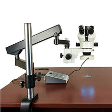 Load image into Gallery viewer, OMAX 7X-45X Zoom Trinocular Articulating Arm Stereo Microscope with Verticle Post and 80 LED Ring Light (8-Section Quadrant 5-Mode Ring Light with Variable Intensity)
