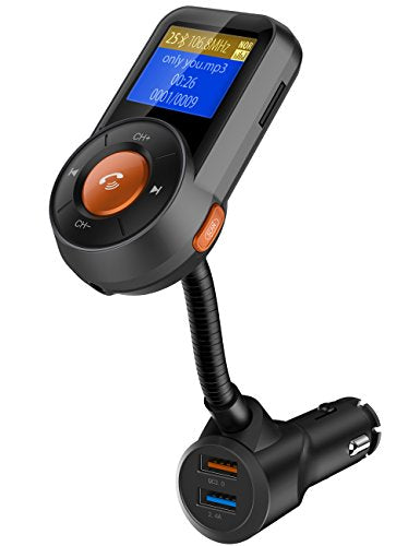 MTSmart Hands-Free FM Transmitter for car,Auto Scan Wireless Radio Adapter Receiver Car Kit,QC3.0+2.4A Dual USB Music Car Charger,TF Card /AUX (Orange)