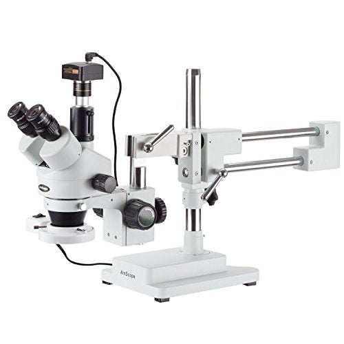 AmScope SM-4TZ-FRL-M Digital Professional Trinocular Stereo Zoom Microscope, WH10x Eyepieces, 3.5X-90X Magnification, 0.7X-4.5X Zoom Objective, 8W Fluorescent Ring Light, Double-Arm Boom Stand, 110V-1