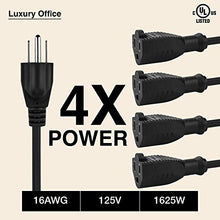 Load image into Gallery viewer, 4 Way Power Splitter  1 to 4 Cable Strip with 3 Pronged Outlet and 3&quot; to 12 &quot; Foot Y Style Extension Cord  Black - SJT 16 AWG  by Luxury Office (5 Pack, 1.5&#39; Extension Cord)
