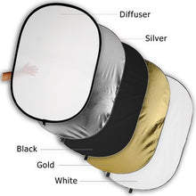 Load image into Gallery viewer, Fotodiox 48x72 5 In 1 Oval Reflector Pro, Premium Grade Collapsible Disc, Soft Silver/Gold/Black/Whi
