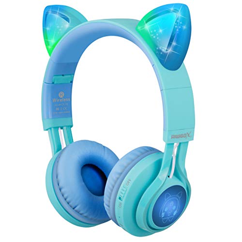 Kids Headphones, Riwbox CT-7S Cat Ear Bluetooth Headphones 85dB Volume Limiting,LED Light Up Kids Wireless Headphones Over Ear with Microphone for Laptop/PC/TV(Blue&Green)