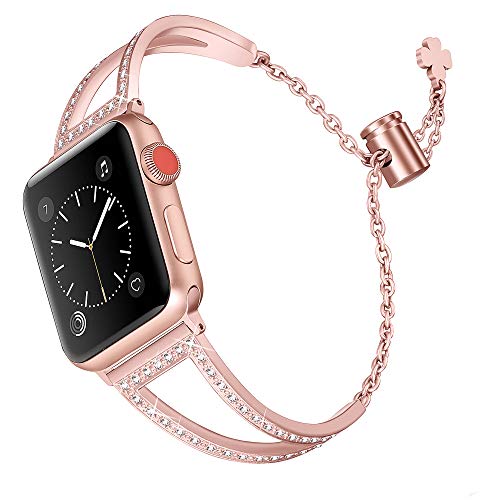 Secbolt Bling Bands Compatible with Apple Watch Band 38mm 40mm 41mm iWatch Series 8/7/6/5/4/3/2/1/SE, Women Dressy Metal Jewelry Bracelet Bangle Wristband Stainless Steel, Gold