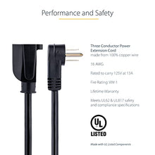 Load image into Gallery viewer, StarTech.com 3ft (1m) Power Extension Cord, Right Angle NEMA 5-15P to NEMA 5-15R, 13A 125V, 16AWG, Computer Power Extension Cord, Flat Extension Cord, AC Outlet Extension Cable, UL Listed (PAC101R3)
