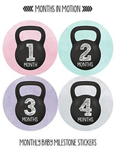 Load image into Gallery viewer, Months In Motion Baby Monthly Milestone Stickers - First Year Set of Baby Girl Month Stickers for Photo Keepsakes - Shower Gift - Workout Kettebell Gym Crossfit
