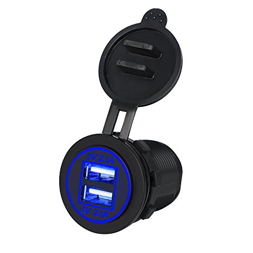2 USB Ports Car Charger 4.2A,elecfan Portable Blue LED 12-24V Motorcycle Power Adapter Charger Outlet Waterproof Plastic Cover for Car Boat Marine RV Mobile Carvans Flush Mount (2.1A $ 2.1A, Blue)