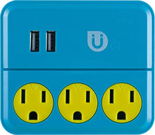 Load image into Gallery viewer, Uber Power Tap Charging Station, 3 Grounded Outlets, 2 USB Charger Ports, 2.1A, 3 Prong, Phone Holder, Perfect Outlet Extender for Kids Rooms, Twist-to-Close Safety Covers, UL Listed, Blue/Yellow, 251

