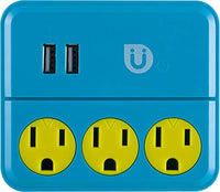 Uber Power Tap Charging Station, 3 Grounded Outlets, 2 USB Charger Ports, 2.1A, 3 Prong, Phone Holder, Perfect Outlet Extender for Kids Rooms, Twist-to-Close Safety Covers, UL Listed, Blue/Yellow, 251