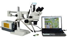 Load image into Gallery viewer, OMAX 2X-90X Digital Zoom Trinocular Dual-Bar Boom Stand Stereo Microscope with Cold Y-Type Gooseneck Fiber Light and 2.0MP USB Camera

