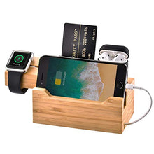 Load image into Gallery viewer, MOZOWO Bamboo Desktop 3 USB HUB Charging Dock Station Charger Holder Cradle Stand Compatible iPhone 11Pro Max XS XR X 8 7 6 6S Plus Apple Watch 2 3 4 / iWatch 38mm &amp; 42mm AirPods Samsung Smartphones
