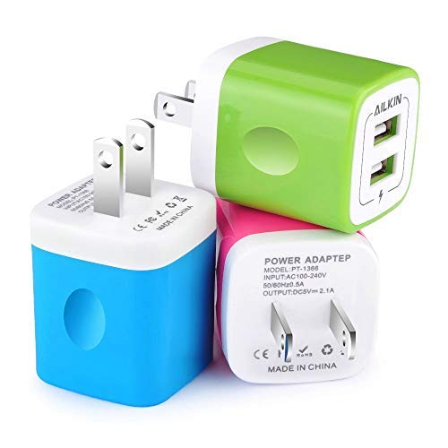 Wall Charger, [3-Pack] 5V/2.1AMP Ailkin Colorful 2-Port USB Wall Charger Home Travel Plug Power Adapter Charging Block for iPhone 13 12 pro Max 11 10 SE X XR XS 8 Plus, Samsung Galaxy Note 20 LG Moto