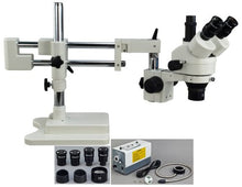Load image into Gallery viewer, OMAX 3.5X-90X Zoom Trinocular Dual-Bar Boom Stand Stereo Microscope with Cold Ring Fiber Light
