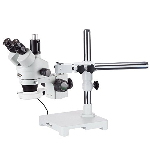 AmScope SM-3TY-54S Professional Trinocular Stereo Zoom Microscope, WH10x Eyepieces, 7X-90X Magnification, 0.7X-4.5X Zoom Objective, 54-Bulb LED Light, Single-Arm Boom Stand, 110V-240V, Includes 2.0X B