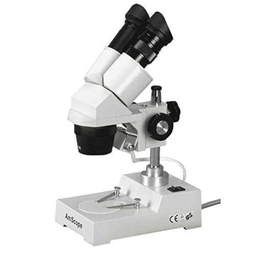 AmScope SE303-P Binocular Stereo Microscope, WF10x Eyepieces, 10X and 30X Magnification, 1X and 3X Objectives, Tungsten Lighting, Reversible Black/White Stage Plate, Pillar Stand, 110V